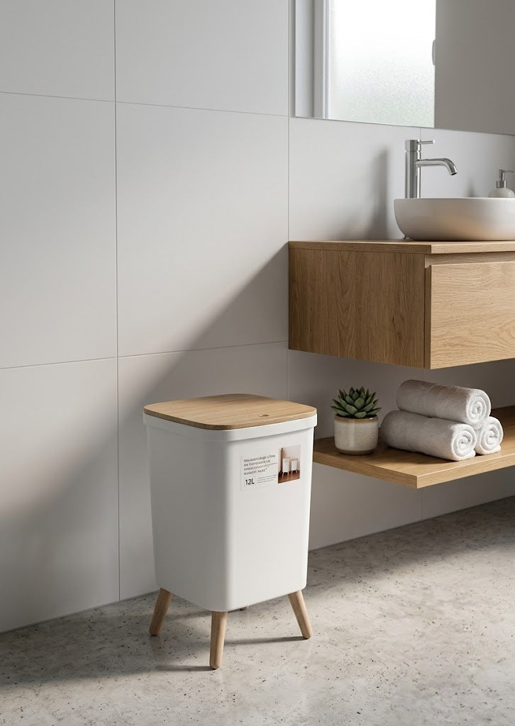 Wooden Lid Trash Bin White – 12L