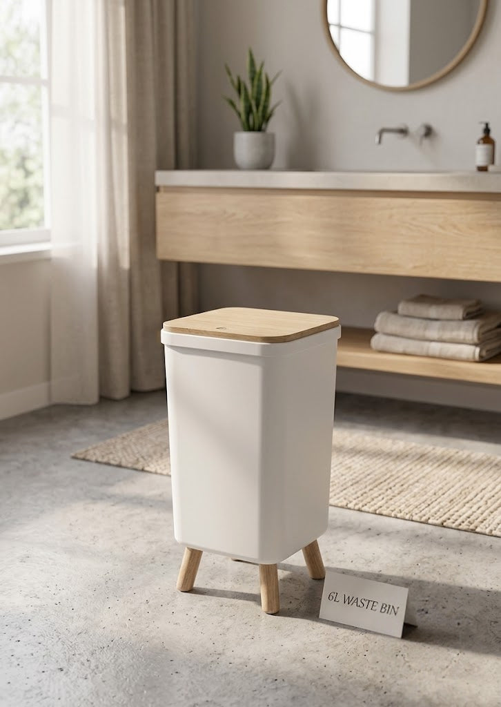 Wooden Lid Trash Bin White – 6L