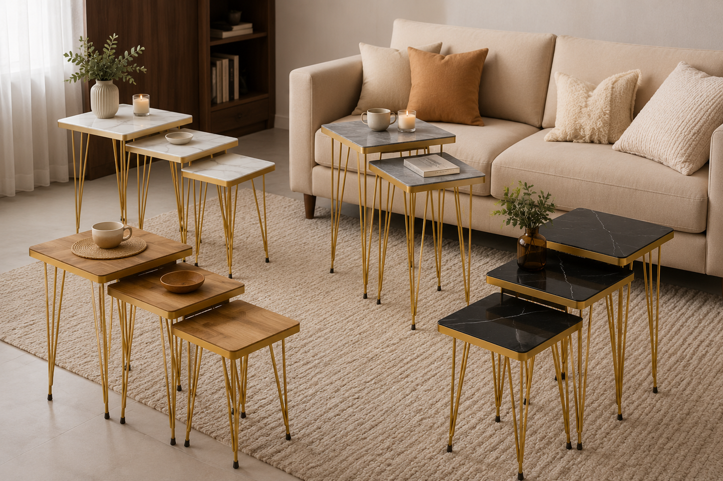 Square Black Marble Side Table Set – 3 Pieces