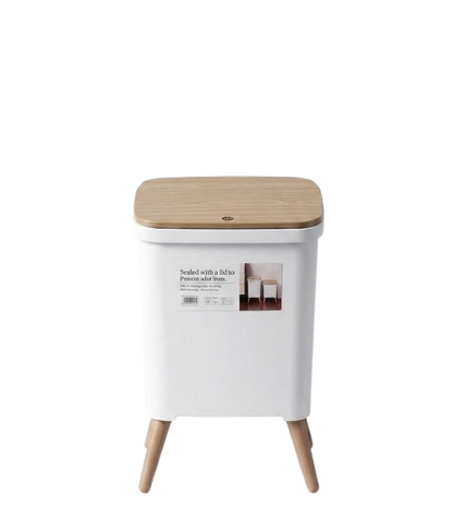 Wooden Lid Trash Bin White – 12L
