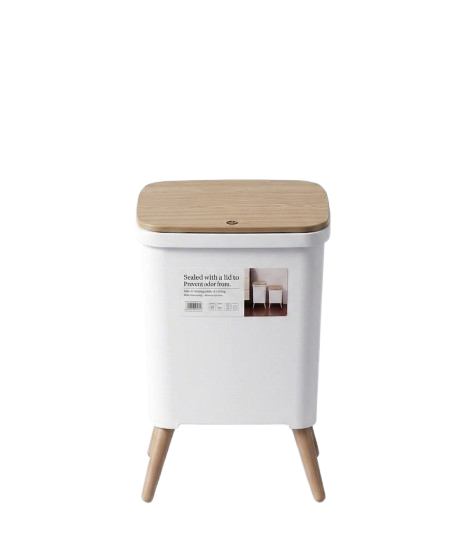 Wooden Lid Trash Bin White – 12L