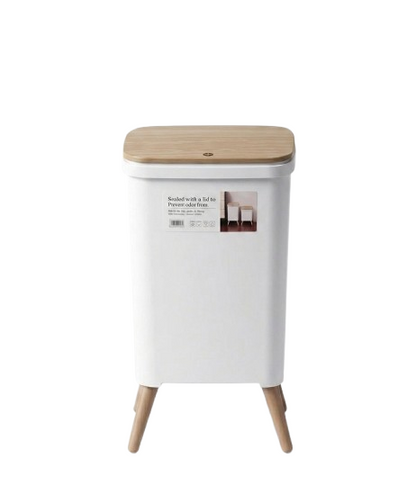 Wooden Lid Trash Bin White – 16L