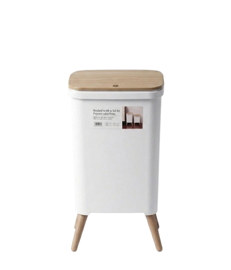 Wooden Lid Trash Bin White – 16L