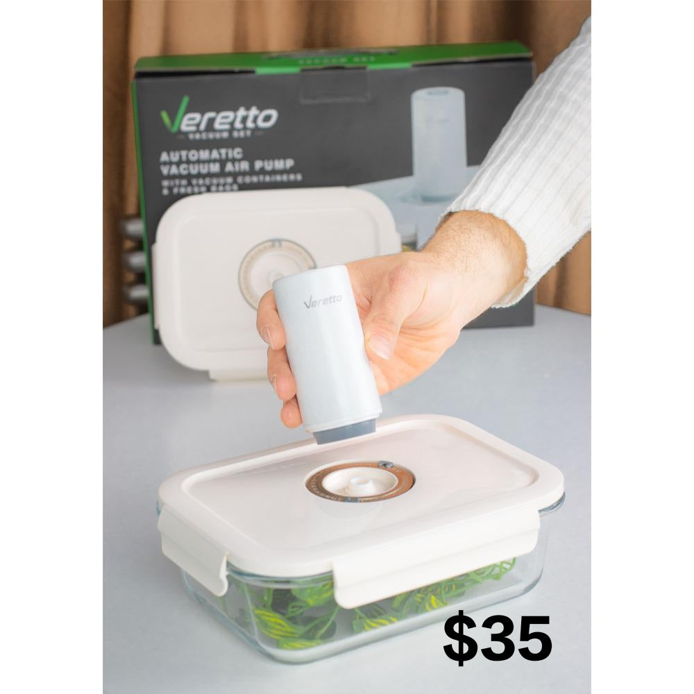 Veretto Portable USB Rechargeable Vacuum Air Pump with 9 Storage Bags Compact & 2 Food Storage Boxes Efficient Sealing Solution VEB200