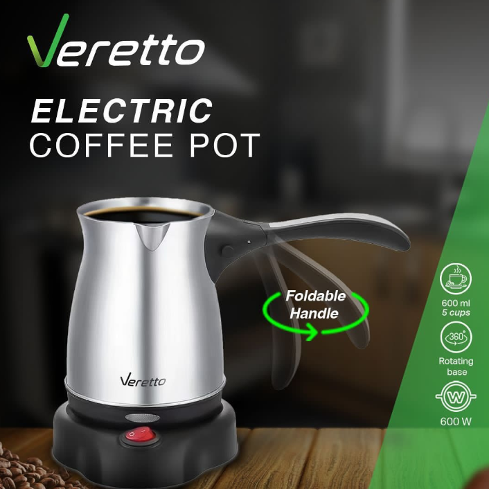 Veretto Electric Coffee Pot – 600ml Stainless Steel Turkish Coffee Maker with Foldable Handle