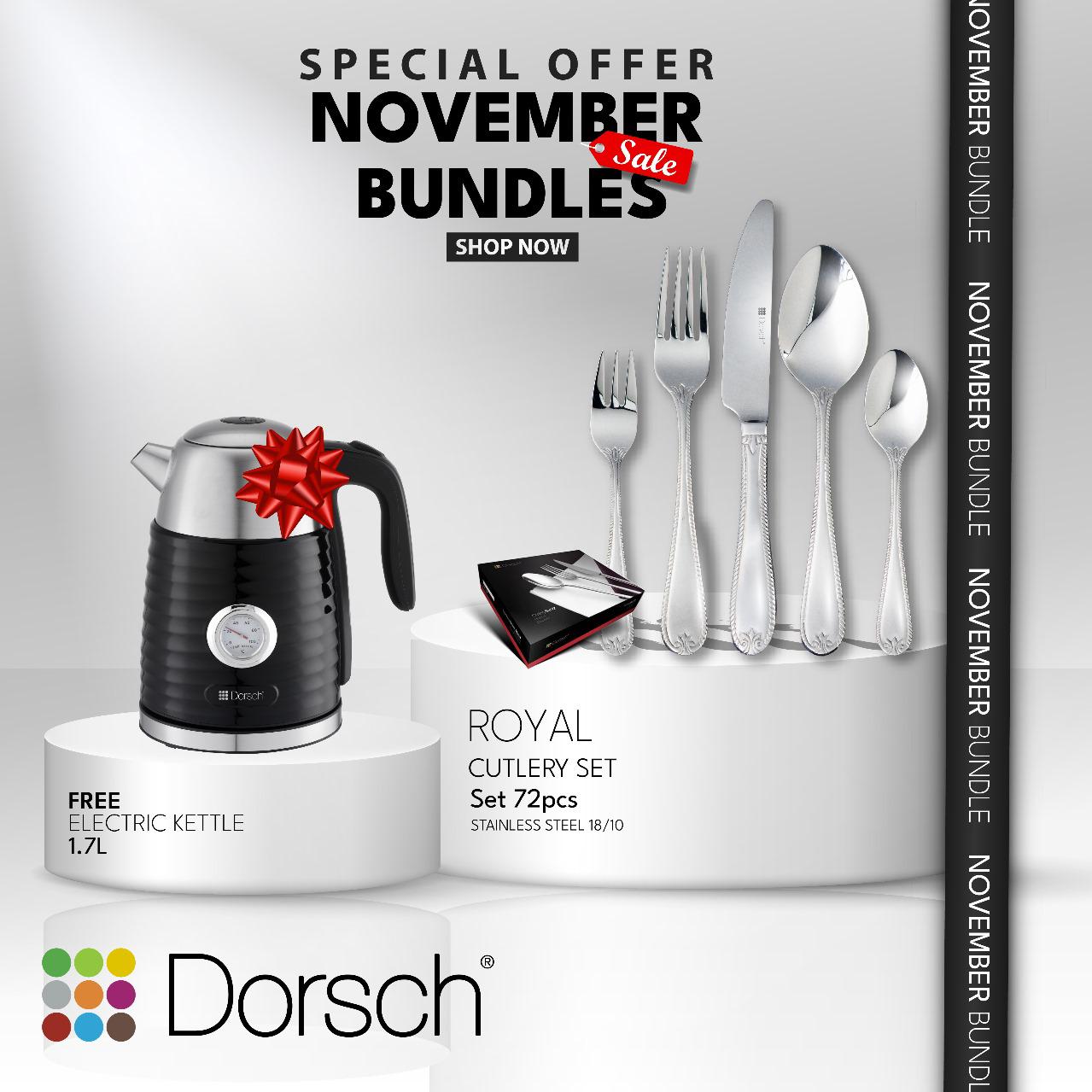 Royal 72-Piece Stainless Steel Cutlery Set + FREE Dorsch Electric Kettle (1.7L)