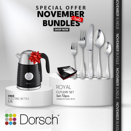 Royal 72-Piece Stainless Steel Cutlery Set + FREE Dorsch Electric Kettle (1.7L)