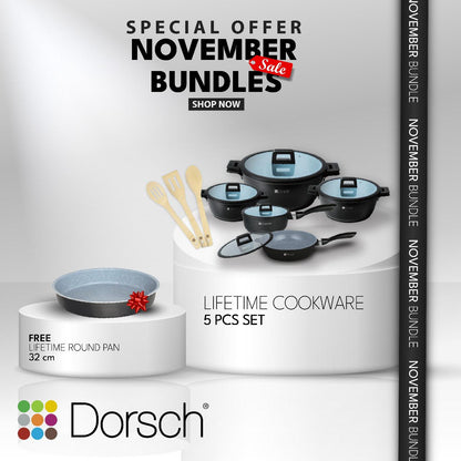 Dorsch 5-Piece Ceramic Cookware Set + FREE 32cm Baking Tray & Wooden Spoon Set
