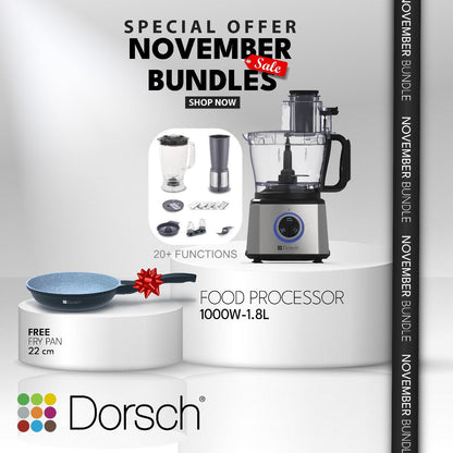 Food Processor 1000W – 1.8L Multi-Function + FREE Dorsch 22cm Frying Pan