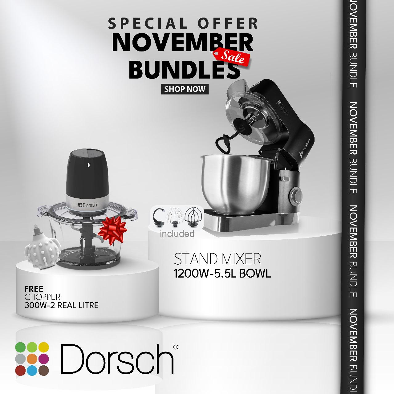 Dorsch Stand Mixer 1200W – 5.5L + FREE 300W Electric Chopper (2L)