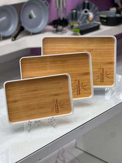 Glossy Wooden Bamboo Shoots Tray Set - 3Pcs