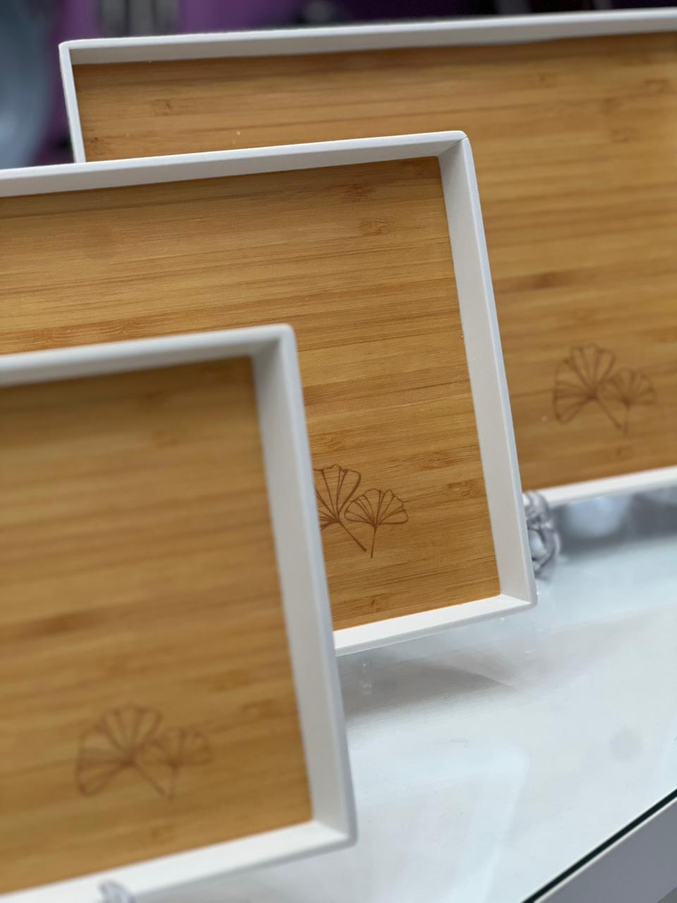 Wooden Bamboo Ginko Leaf Tray Set - 3Pcs