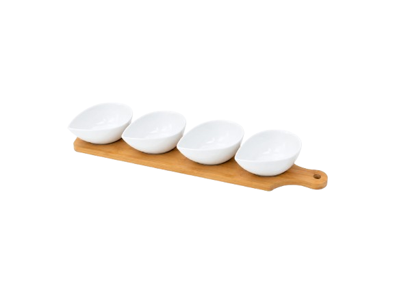 4 WHITE PORCELAIN DIP BOWLS WITH BAMBOO BASE