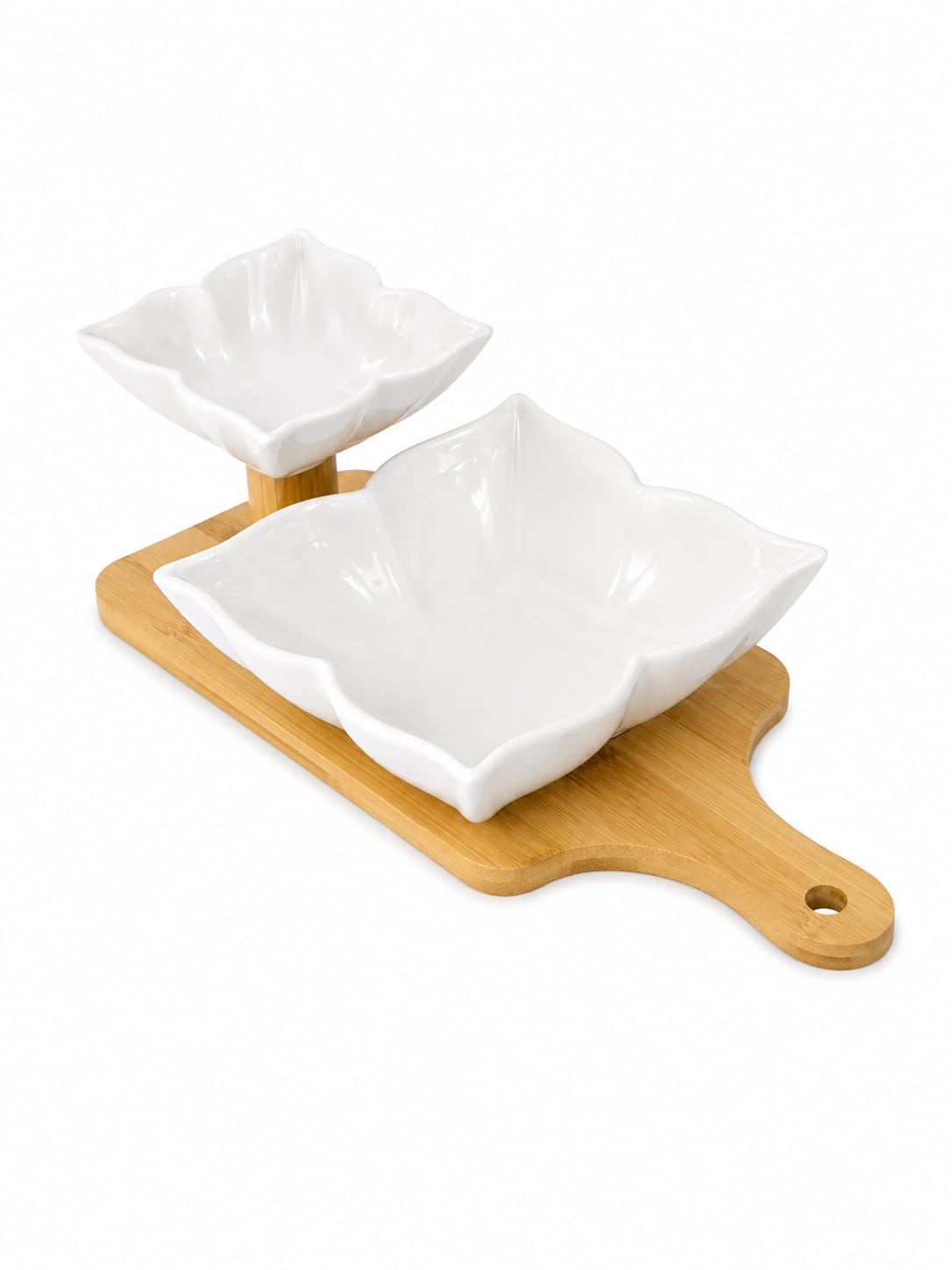 WHITE PORCELAIN LARGE BOWL WITH DIP BOWL & BAMBOO BASE