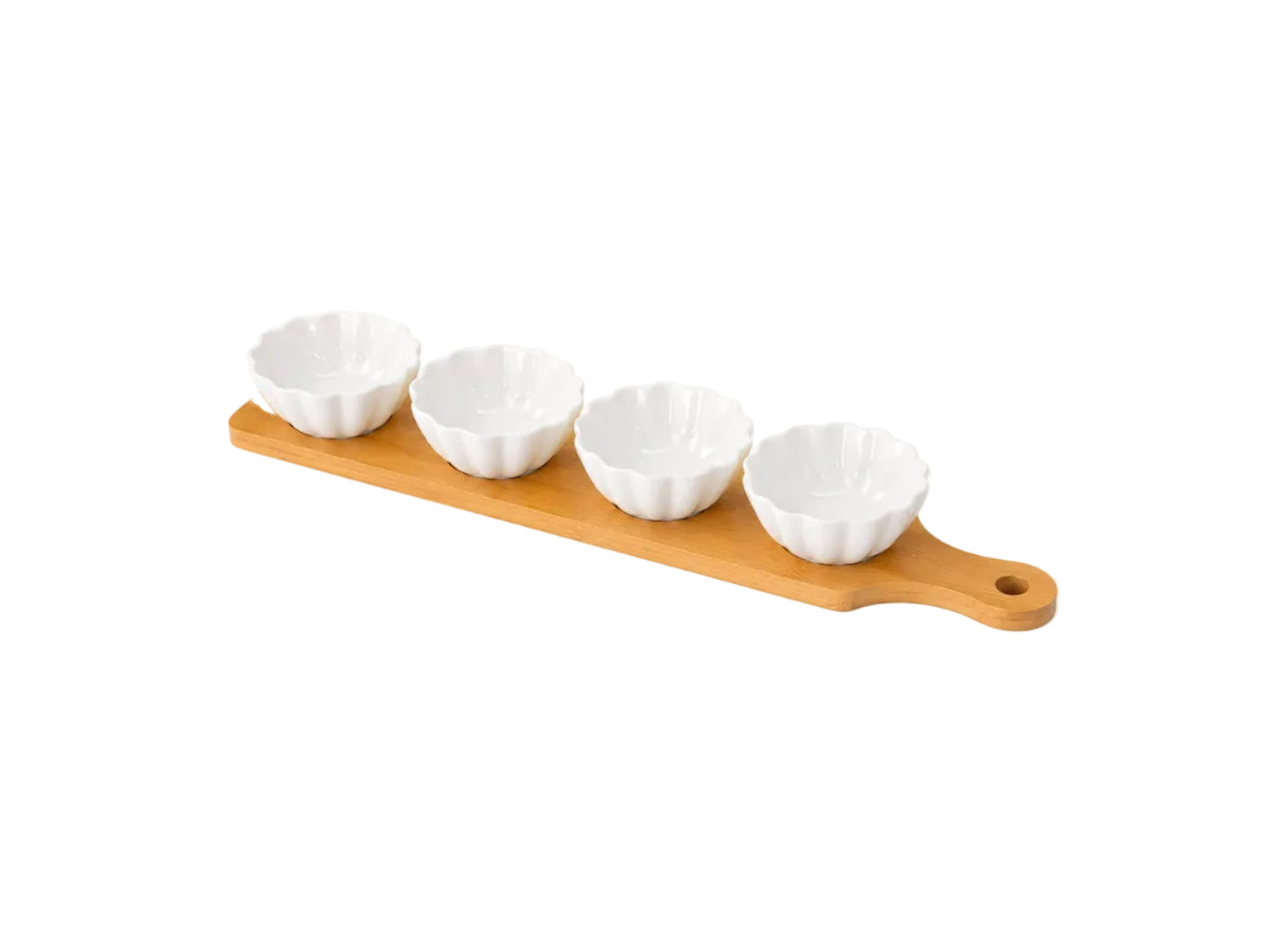 4 ROUND PORCELAIN SAUCE BOWLS WITH BAMBOO BASE