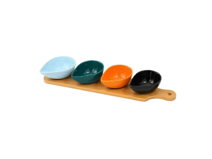 4 COLORED PORCELAIN DIP BOWLS WITH BAMBOO BASE