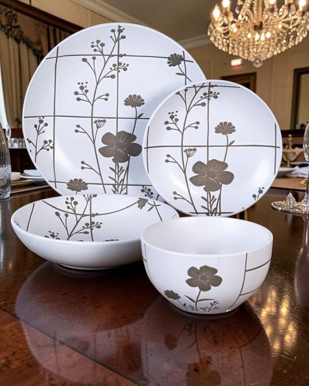 Dorsch Flora Grey Dinner Set – 24 Pieces (Stoneware)