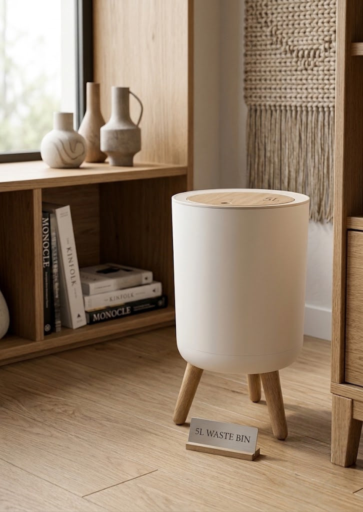 Wooden Lid Trash Bin White - 5L