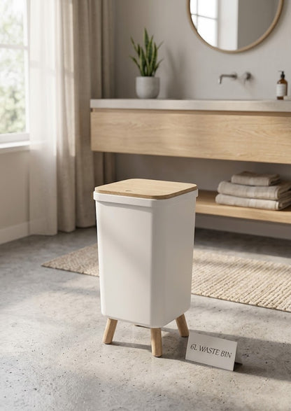 Wooden Lid Trash Bin White – 6L