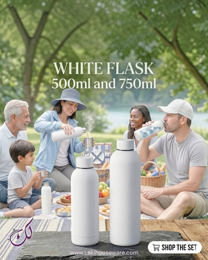 WHITE STAINLESS STEEL FLASK SET – 750ML & 500ML