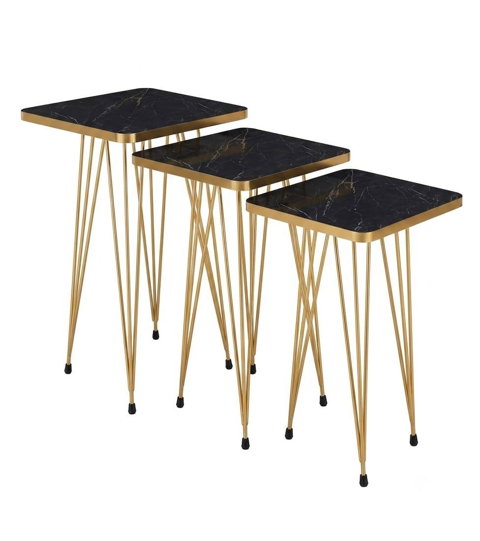 Square Black Marble Side Table Set – 3 Pieces