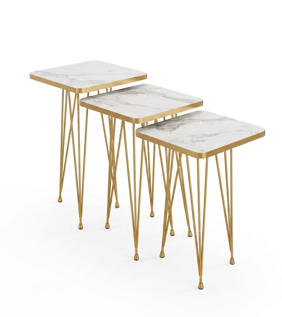 Square White Marble Side Table Set – 3 Pieces