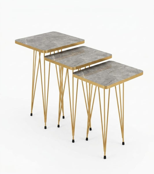 Square Grey Marble Side Table Set – 3 Pieces