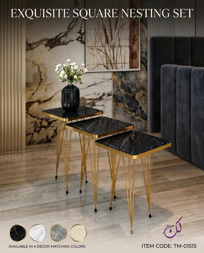 Square Black Marble Side Table Set – 3 Pieces