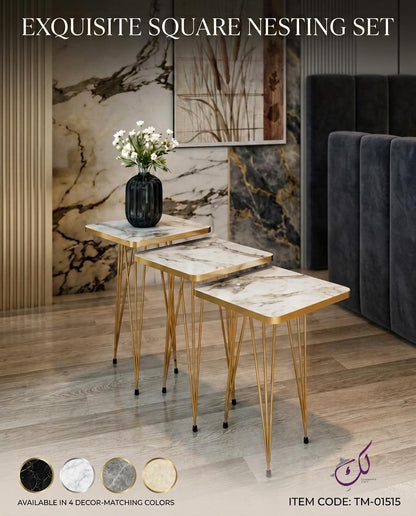 Square White Marble Side Table Set – 3 Pieces