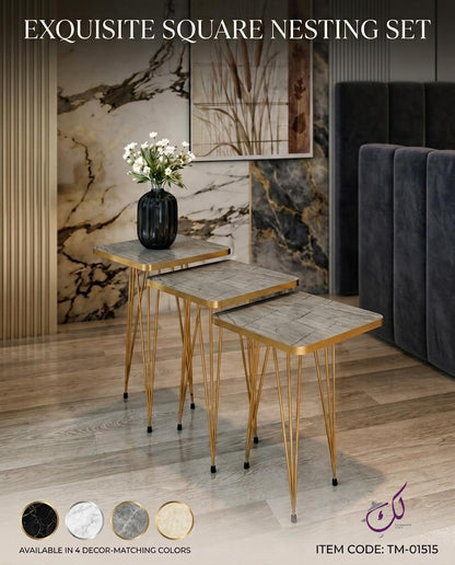 Square Grey Marble Side Table Set – 3 Pieces
