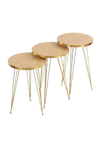 Round Wood Marble Side Table Set – 3 Pieces
