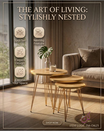 Round Wood Marble Side Table Set – 3 Pieces