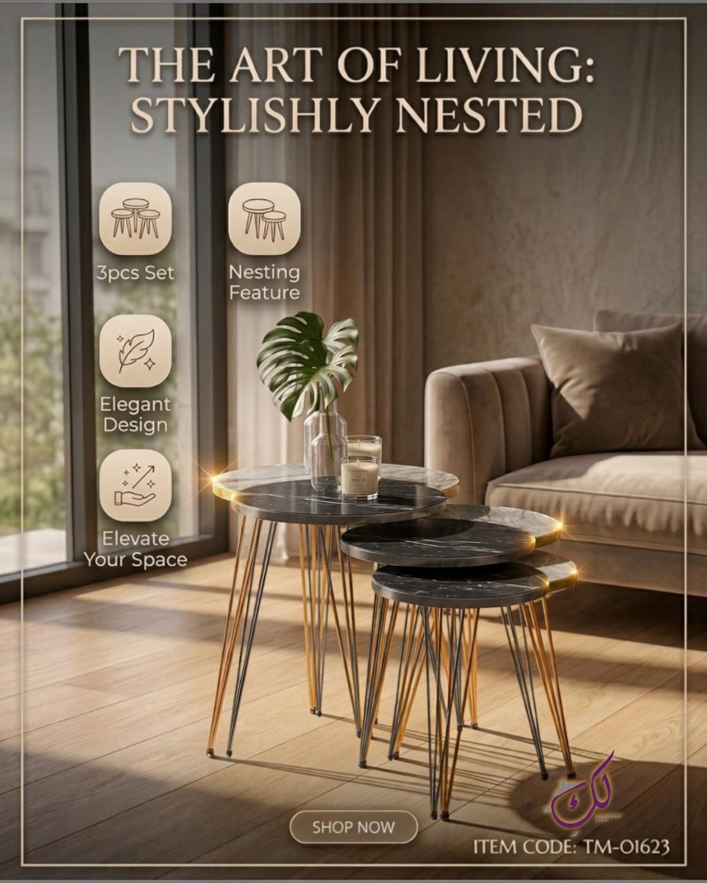 Round Black Marble Side Table Set – 3 Pieces