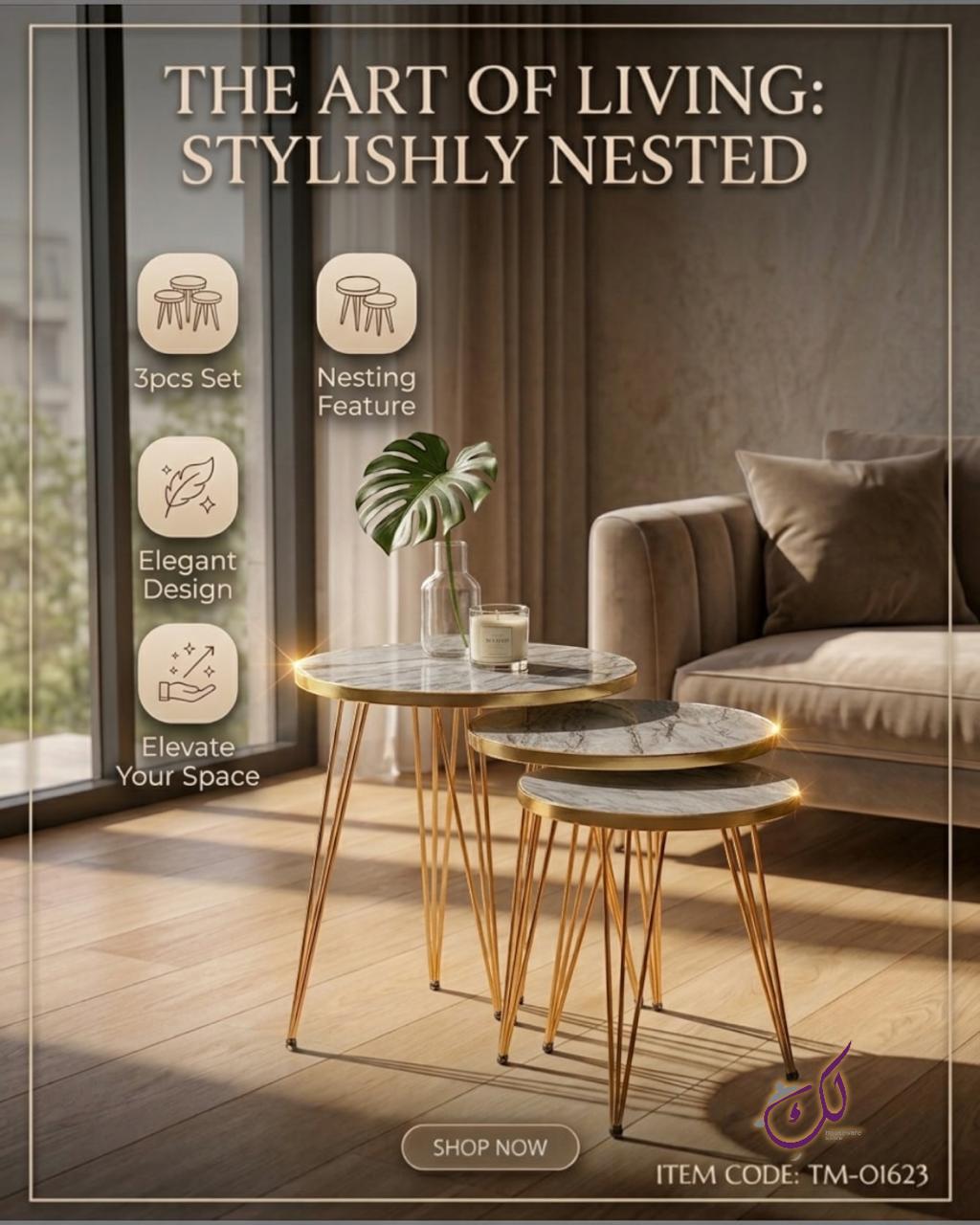 Round Grey Marble Side Table Set – 3 Pieces