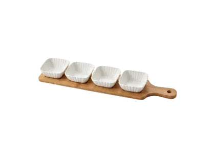 4 SQUARE PORCELAIN SAUCE BOWLS WITH BAMBOO BASE