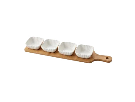 4 SQUARE PORCELAIN SAUCE BOWLS WITH BAMBOO BASE