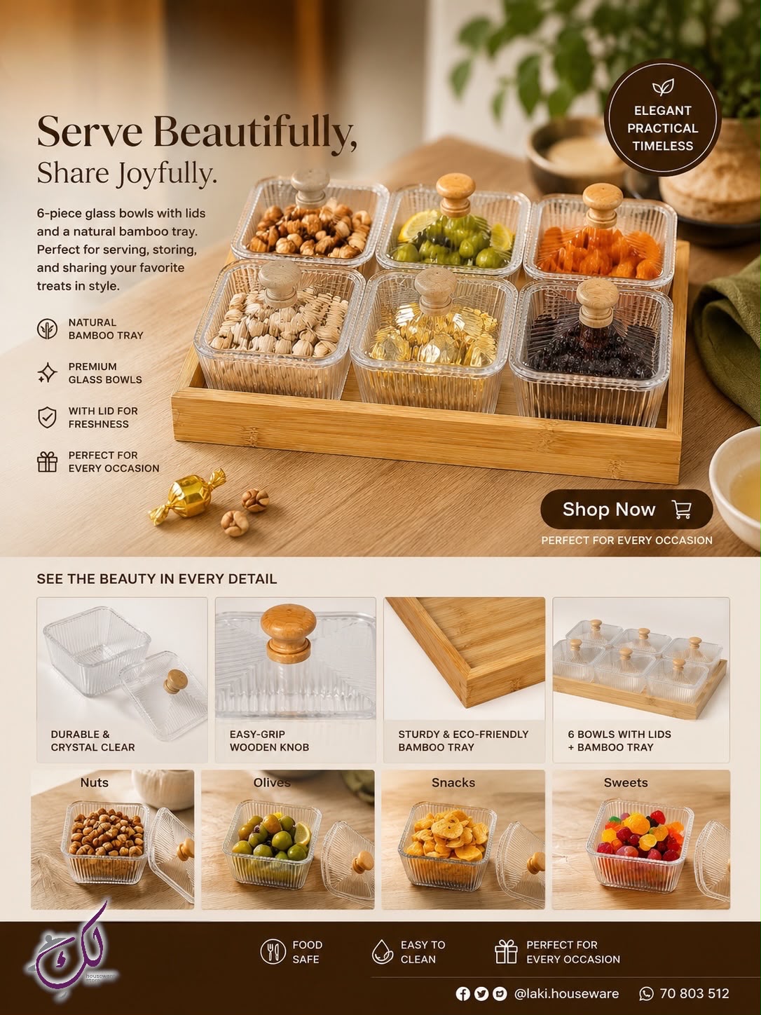 6-PART BAMBOO TRAY WITH GLASS LIDS