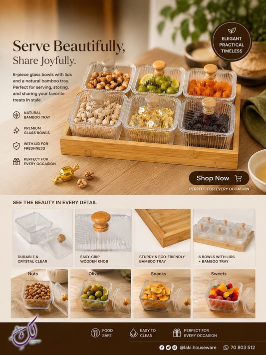 6-PART BAMBOO TRAY WITH GLASS LIDS