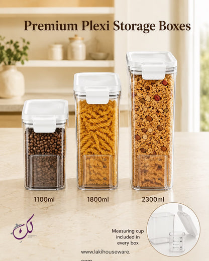 PLEXI STORAGE BOX WITH MEASURING CUP – SET OF 3